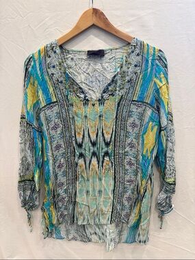 Hale Bob Lightweight Boho V-Neck Tunic Blouse in Aqua, Teal & Yellow, Size Small
